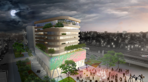 Nachtimpressie van het nieuwe gebouw van de Persgroep Publishing aan het station