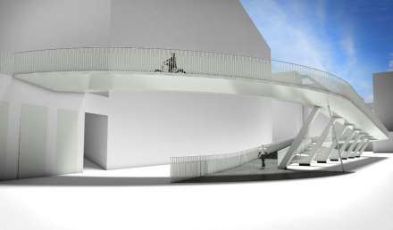 Design van de fietshelling van de Parkbrug langs de kant van het Eilandje 