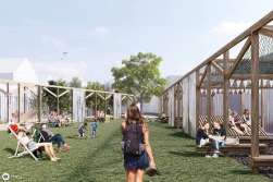 Zicht op het grasveld met rechts de zit- en speelkamer en links de boomkamer 