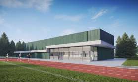 Gymhal Ekeren zicht vanop de atletiekpiste